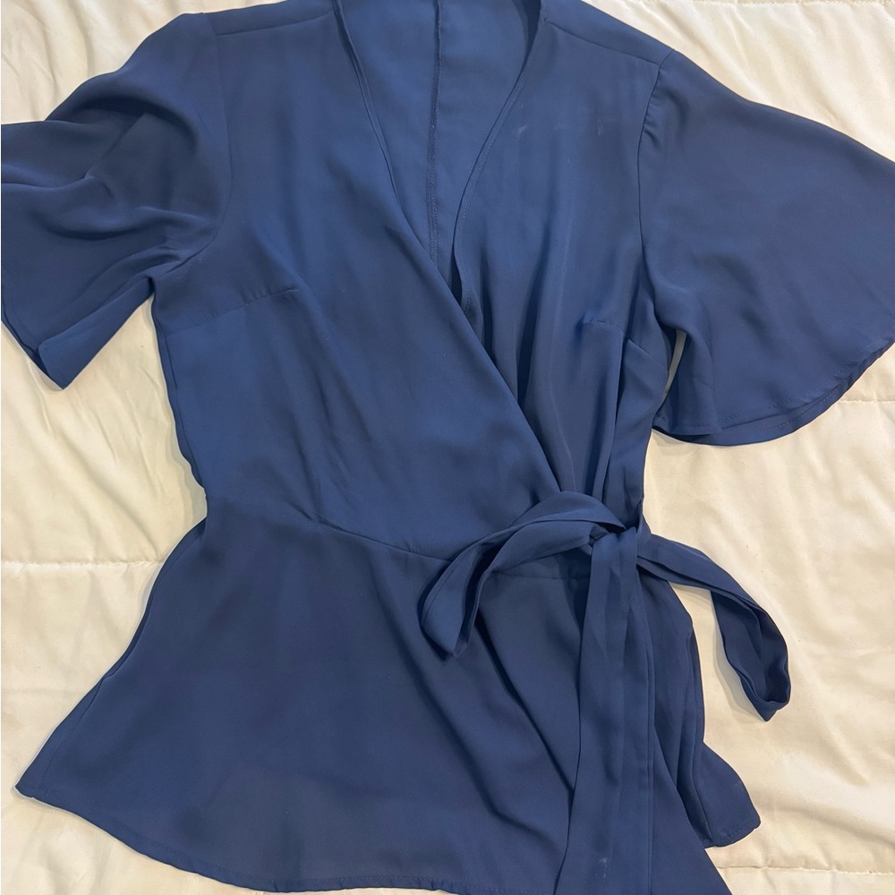 Elegant Blue Wrap Blouse